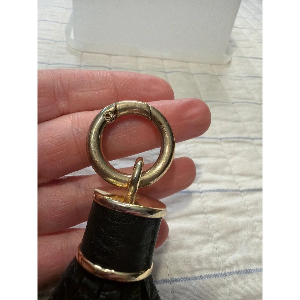 Black Leather Tassel Keychain Gold Tone Bag Charm Fringe Accessory